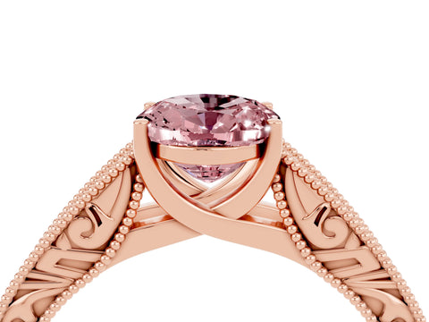 Rose gold Oval Cut Morganite Solitaire Ring with Engraved Band and Four-Prong Setting_4
