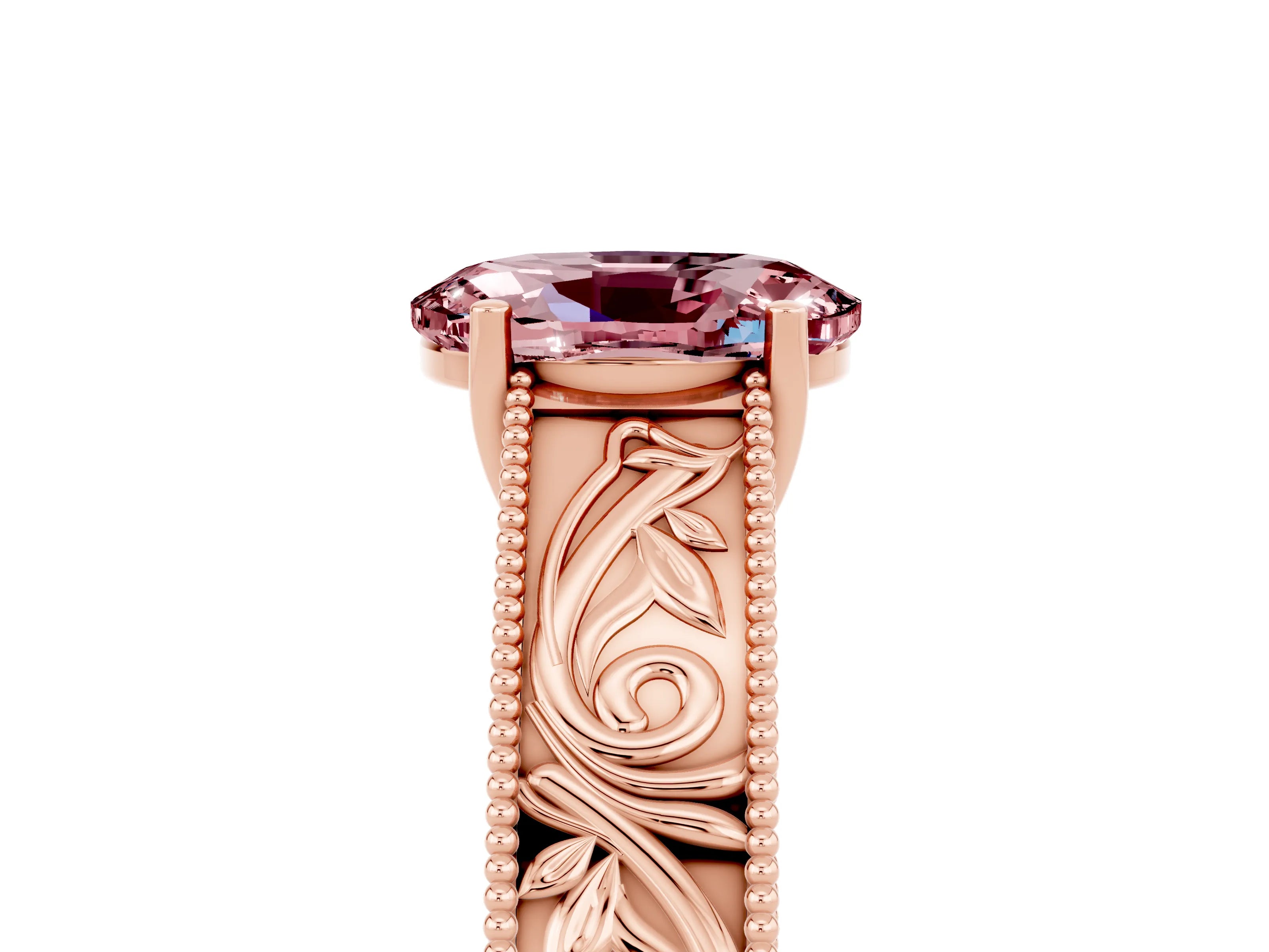 Rose gold Oval Cut Morganite Solitaire Ring with Engraved Band and Four-Prong Setting_5