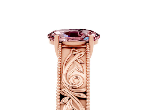 Rose gold Oval Cut Morganite Solitaire Ring with Engraved Band and Four-Prong Setting_5