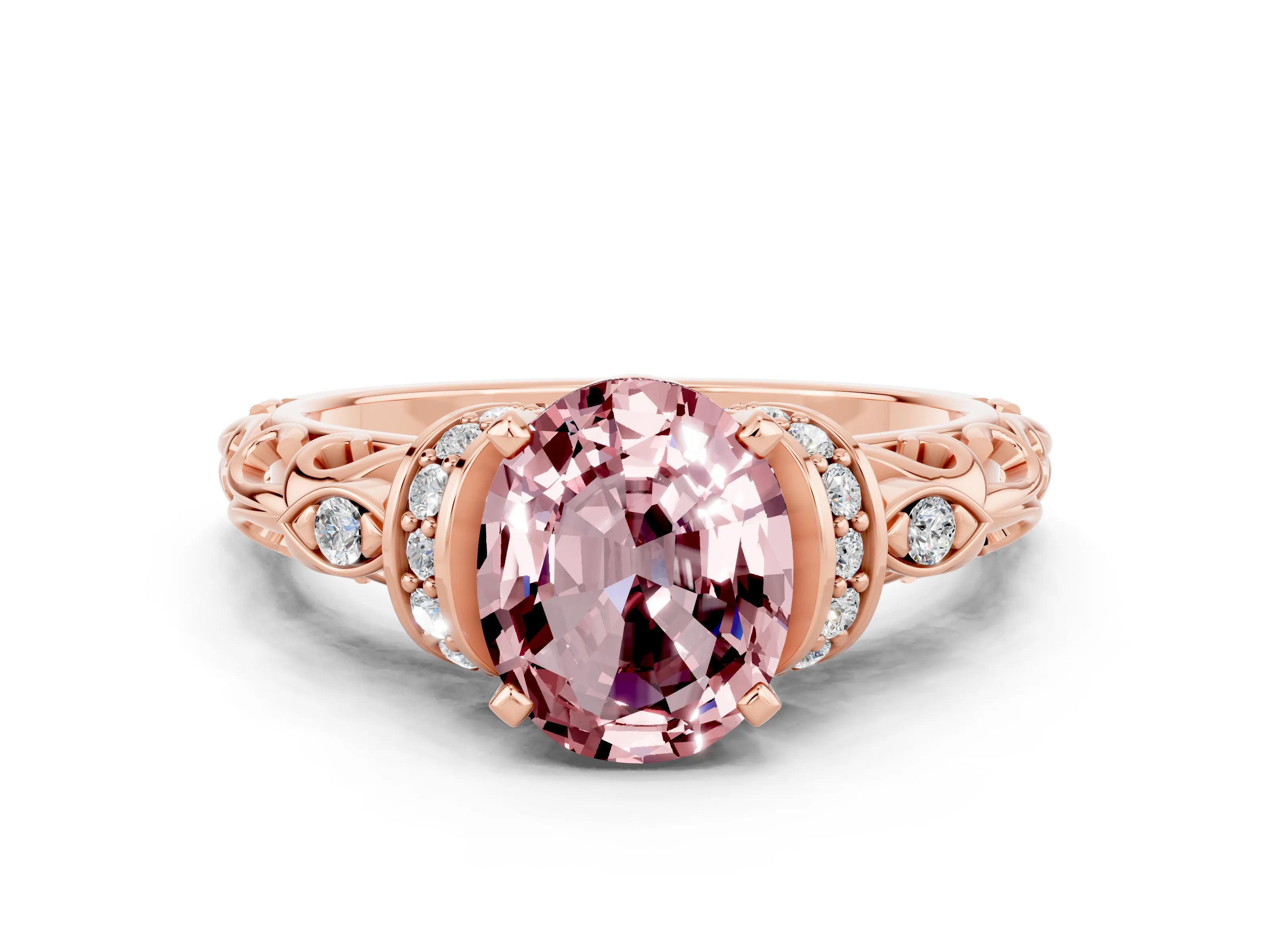 Rose gold Oval Cut Morganite Solitaire Ring with Filigree Band and Four-Prong Setting_24