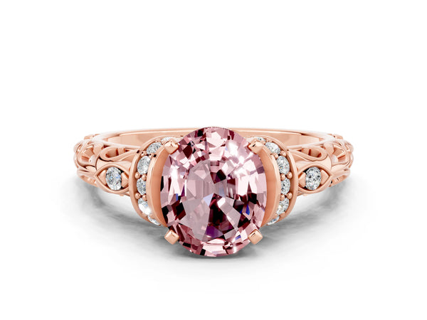 Rose gold Oval Cut Morganite Solitaire Ring with Filigree Band and Four-Prong Setting