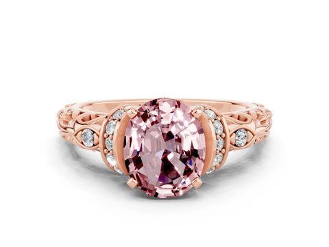 Rose gold Oval Cut Morganite Solitaire Ring with Filigree Band and Four-Prong Setting_24
