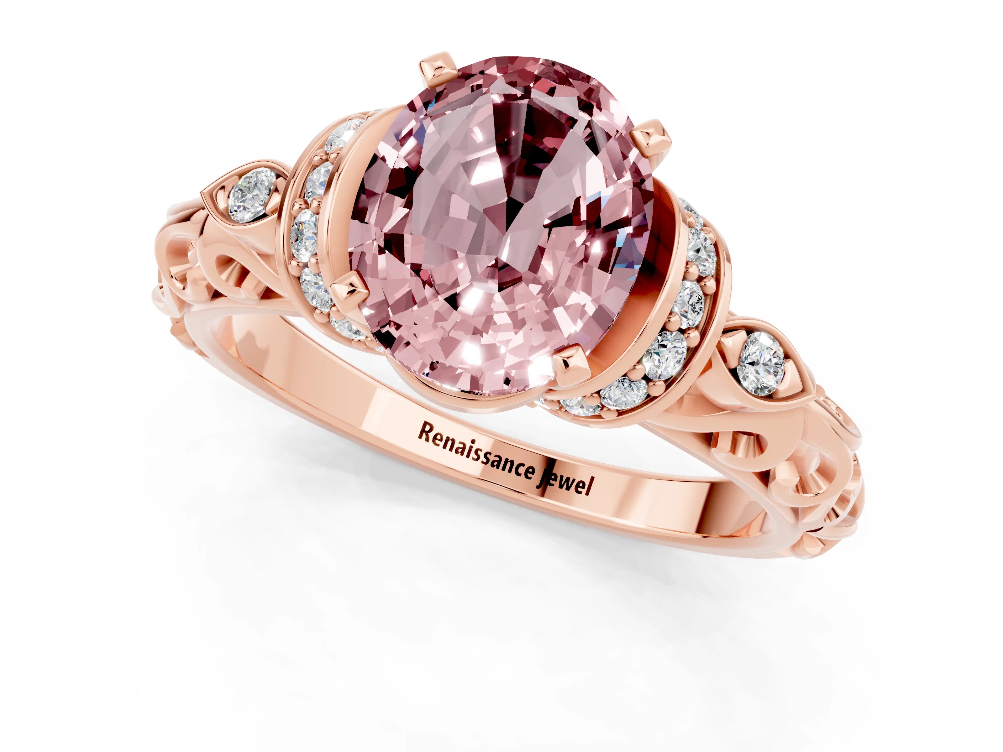 Rose gold Oval Cut Morganite Solitaire Ring with Filigree Band and Four-Prong Setting_25