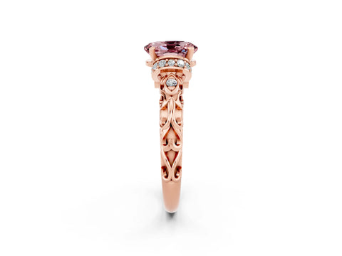 Rose gold Oval Cut Morganite Solitaire Ring with Filigree Band and Four-Prong Setting_26