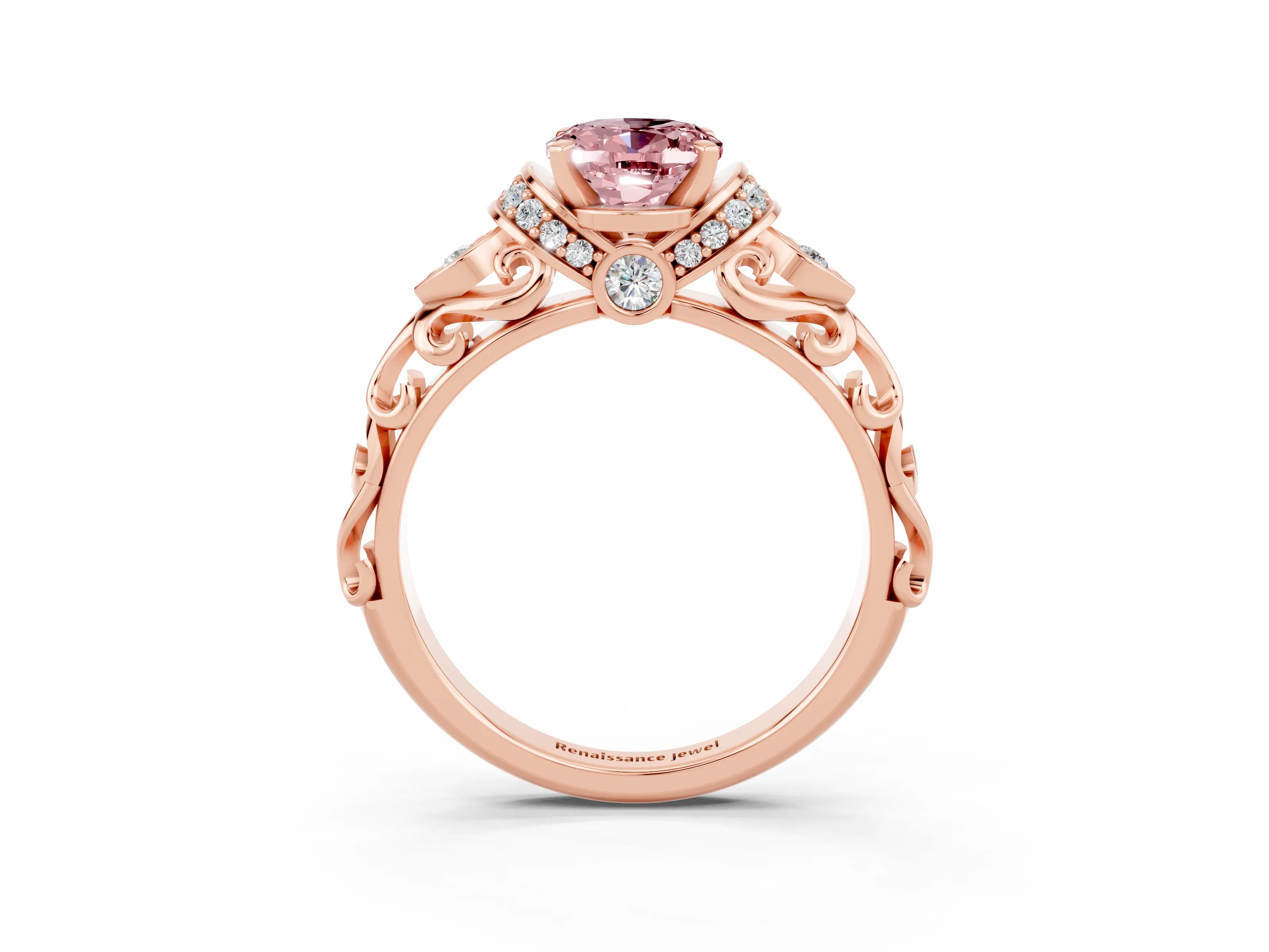 Rose gold Oval Cut Morganite Solitaire Ring with Filigree Band and Four-Prong Setting_27