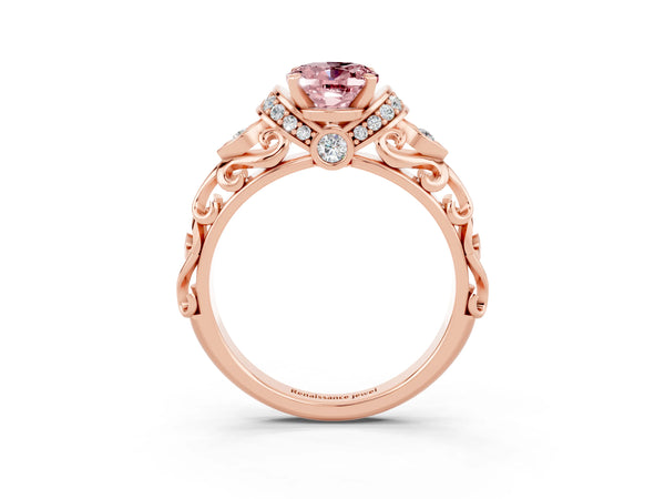 Rose gold Oval Cut Morganite Solitaire Ring with Filigree Band and Four-Prong Setting