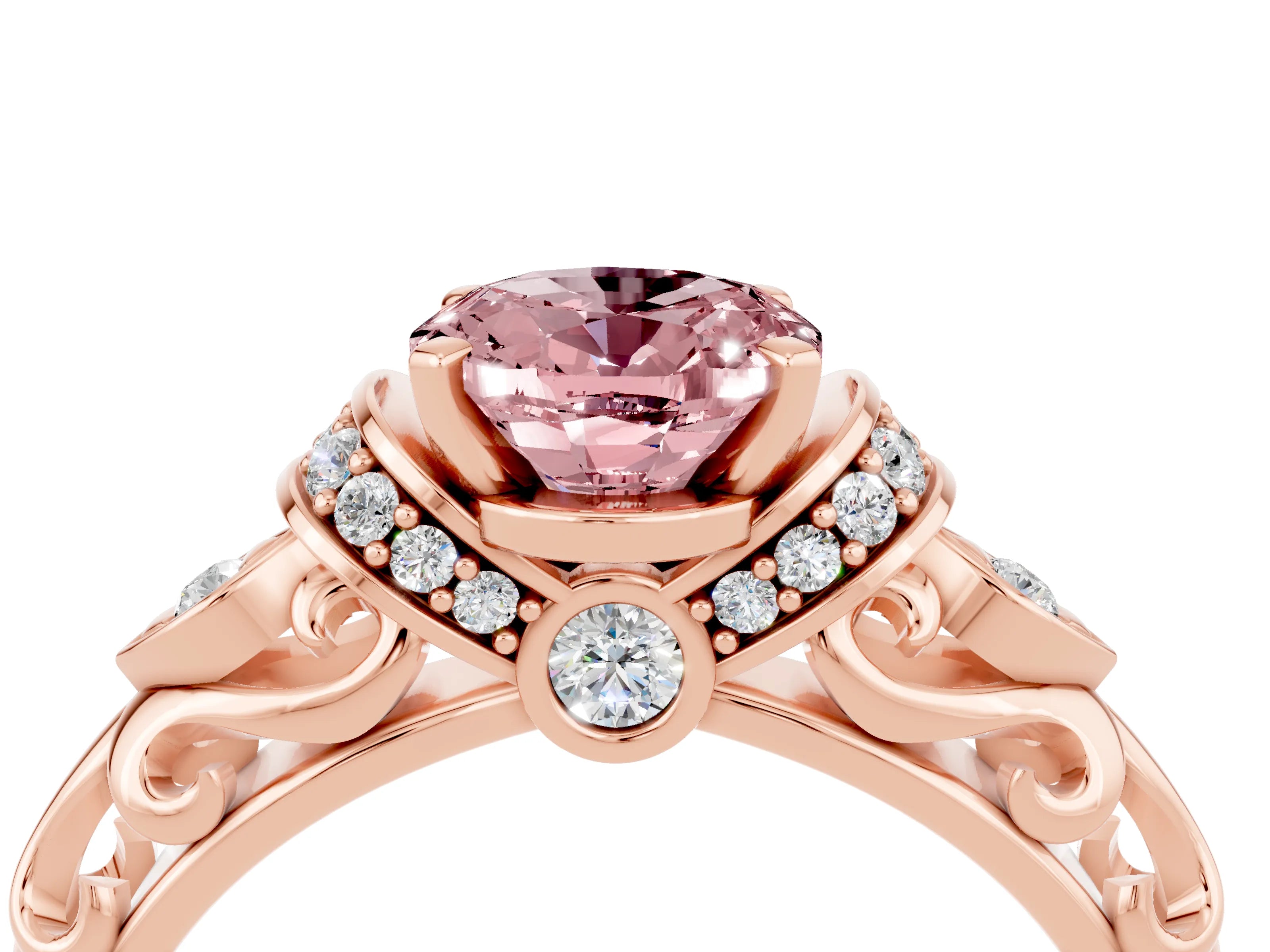 Rose gold Oval Cut Morganite Solitaire Ring with Filigree Band and Four-Prong Setting_28