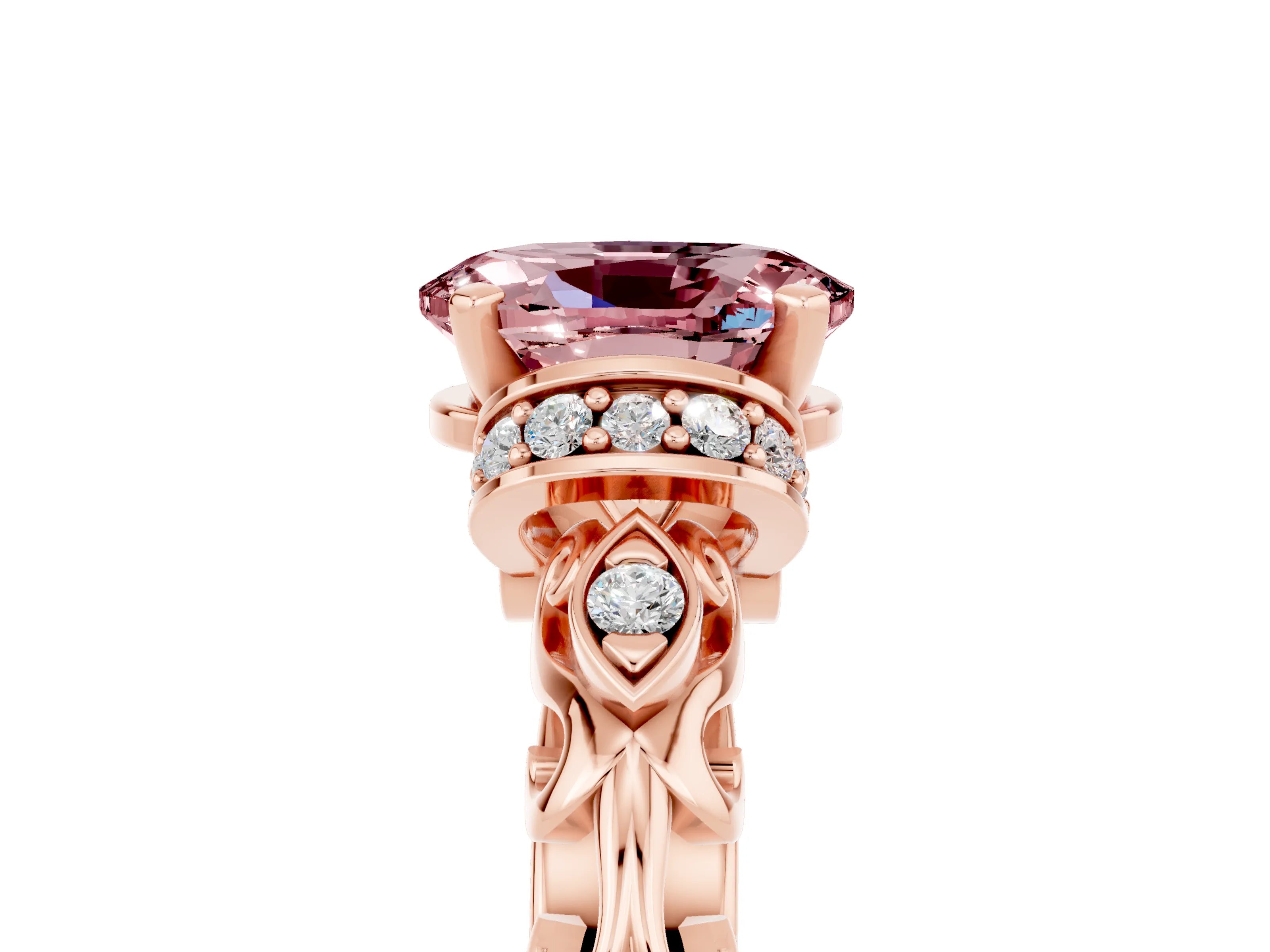 Rose gold Oval Cut Morganite Solitaire Ring with Filigree Band and Four-Prong Setting_29