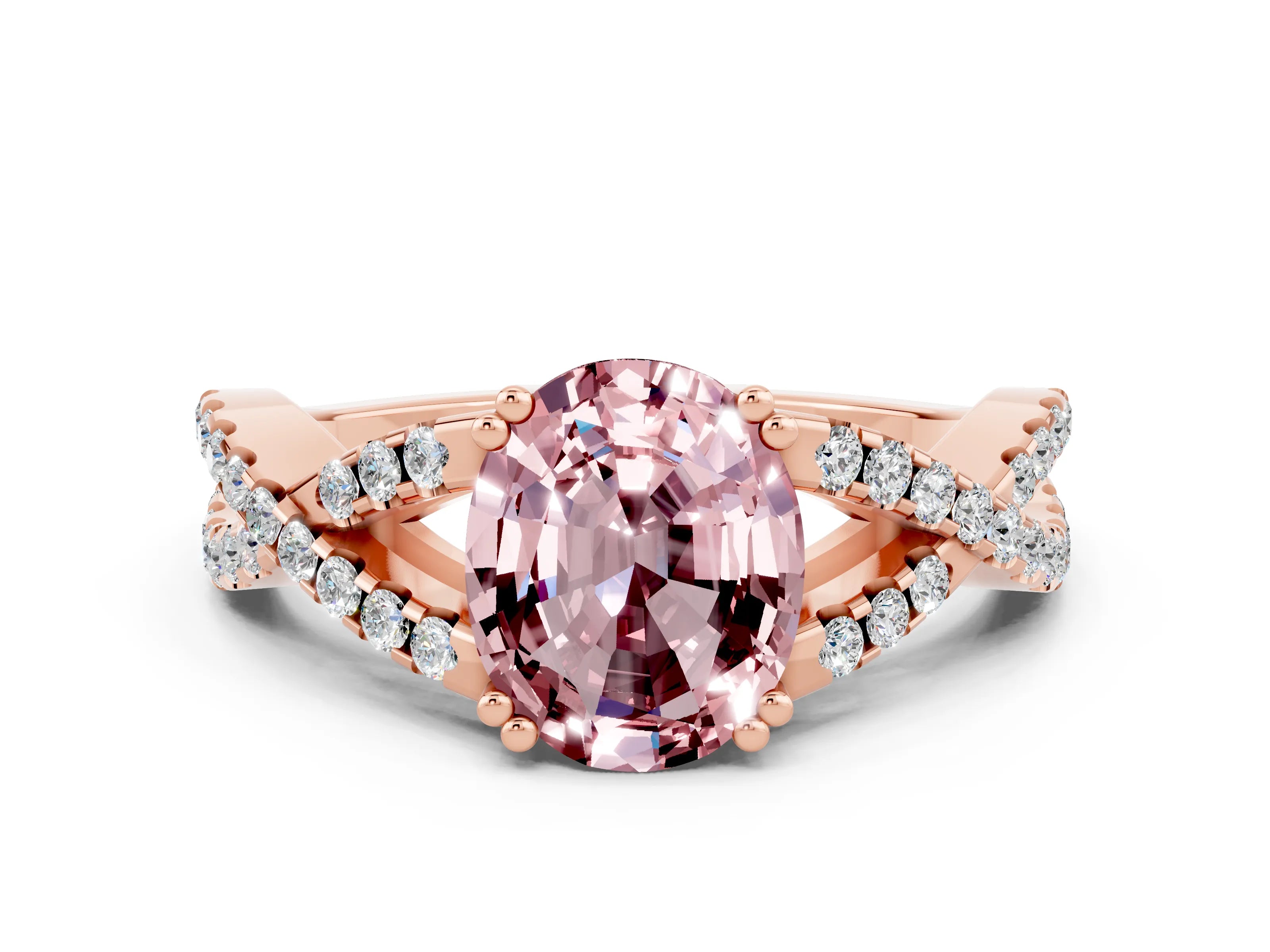 Rose gold Oval Cut Morganite Solitaire Ring with Four-Prong Setting and Twisted Pavé Band