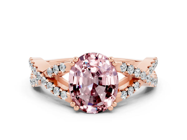 Rose gold Oval Cut Morganite Solitaire Ring with Four-Prong Setting and Twisted Pavé Band