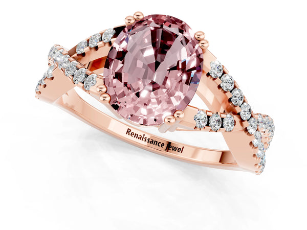 Rose gold Oval Cut Morganite Solitaire Ring with Four-Prong Setting and Twisted Pavé Band