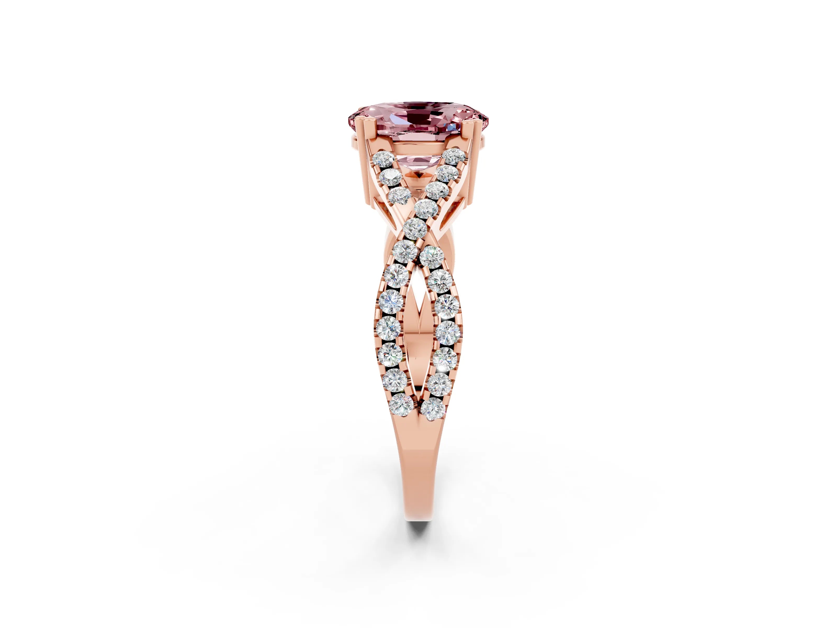 Rose gold Oval Cut Morganite Solitaire Ring with Four-Prong Setting and Twisted Pavé Band_2