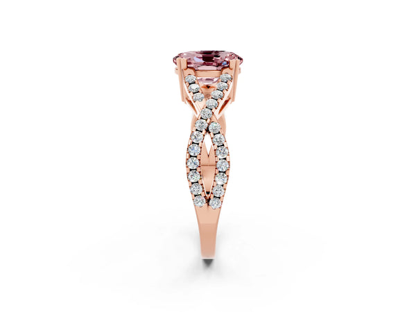 Rose gold Oval Cut Morganite Solitaire Ring with Four-Prong Setting and Twisted Pavé Band
