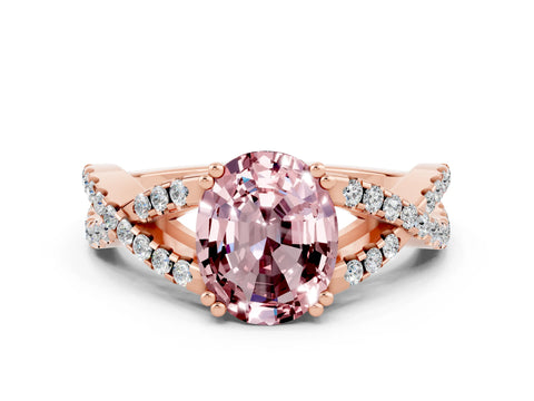 Rose gold Oval Cut Morganite Solitaire Ring with Four-Prong Setting and Twisted Pavé Band