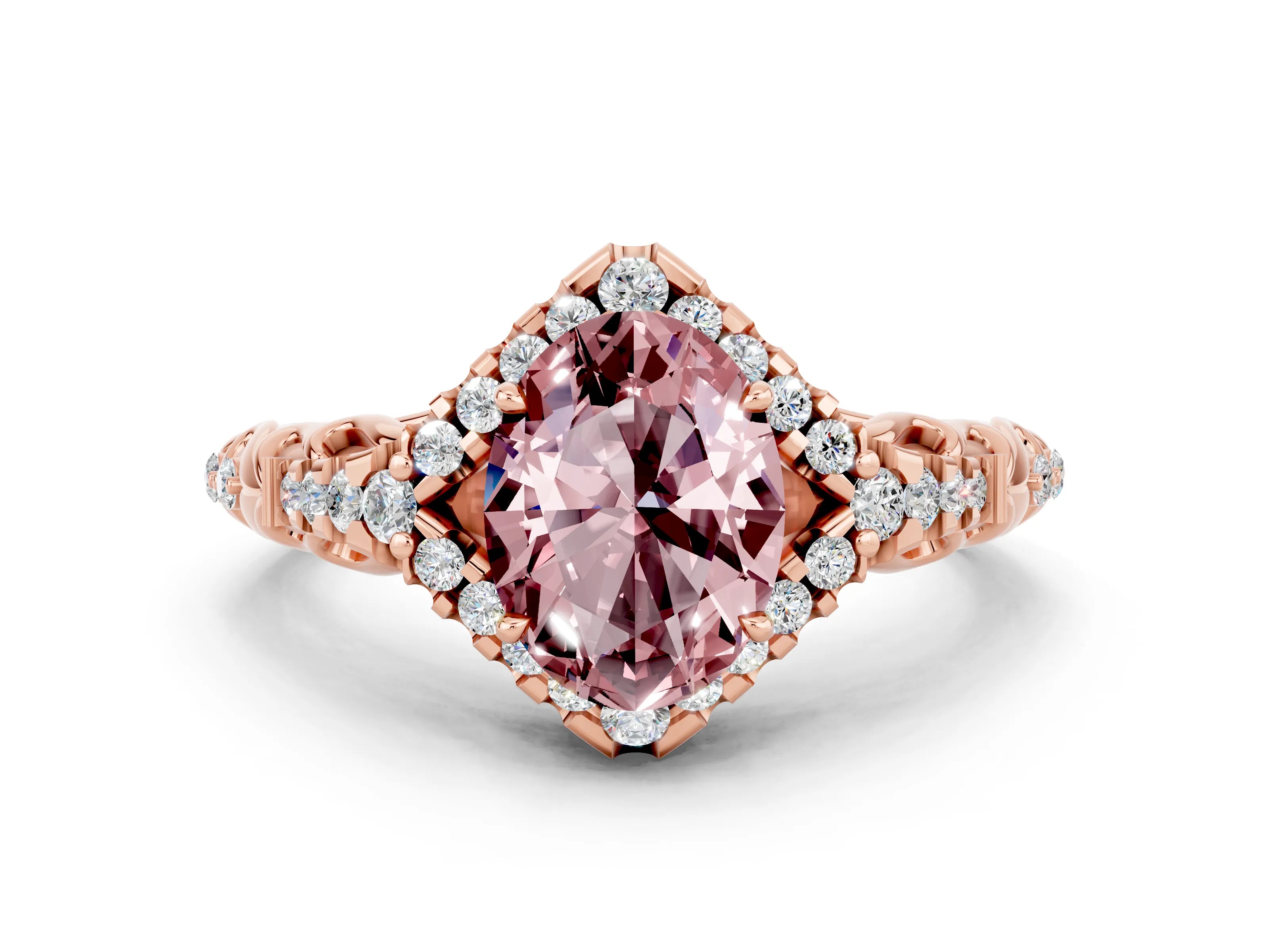 Rose gold Oval Cut Morganite Solitaire Ring with Hidden Halo and Pavé Band_10