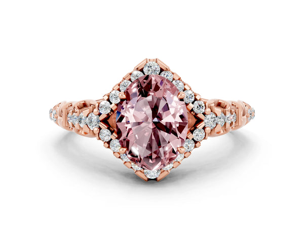 Rose gold Oval Cut Morganite Solitaire Ring with Hidden Halo and Pavé Band