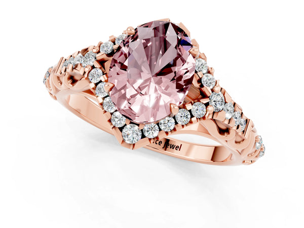 Rose gold Oval Cut Morganite Solitaire Ring with Hidden Halo and Pavé Band