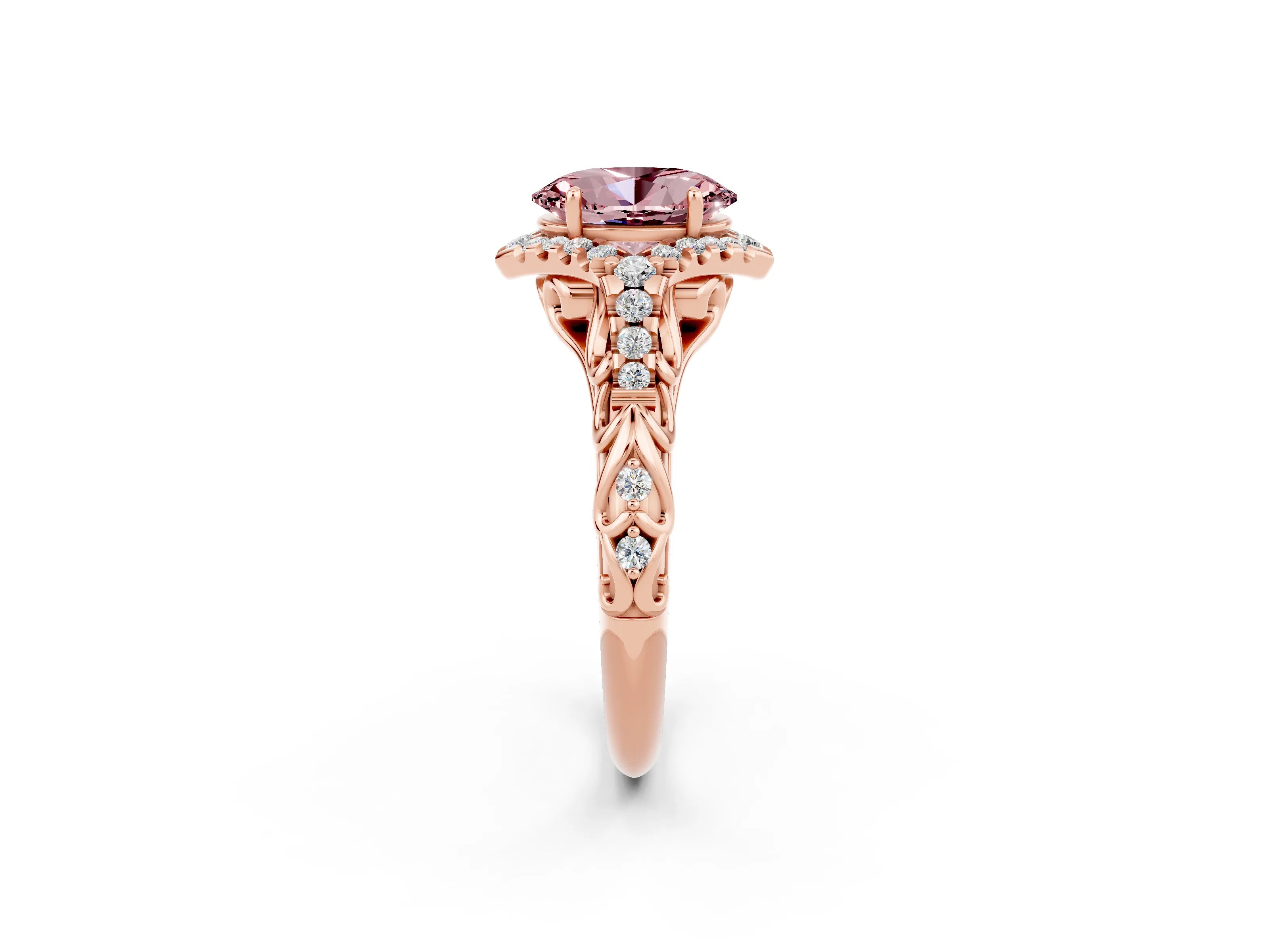 Rose gold Oval Cut Morganite Solitaire Ring with Hidden Halo and Pavé Band_12