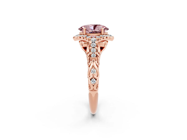 Rose gold Oval Cut Morganite Solitaire Ring with Hidden Halo and Pavé Band