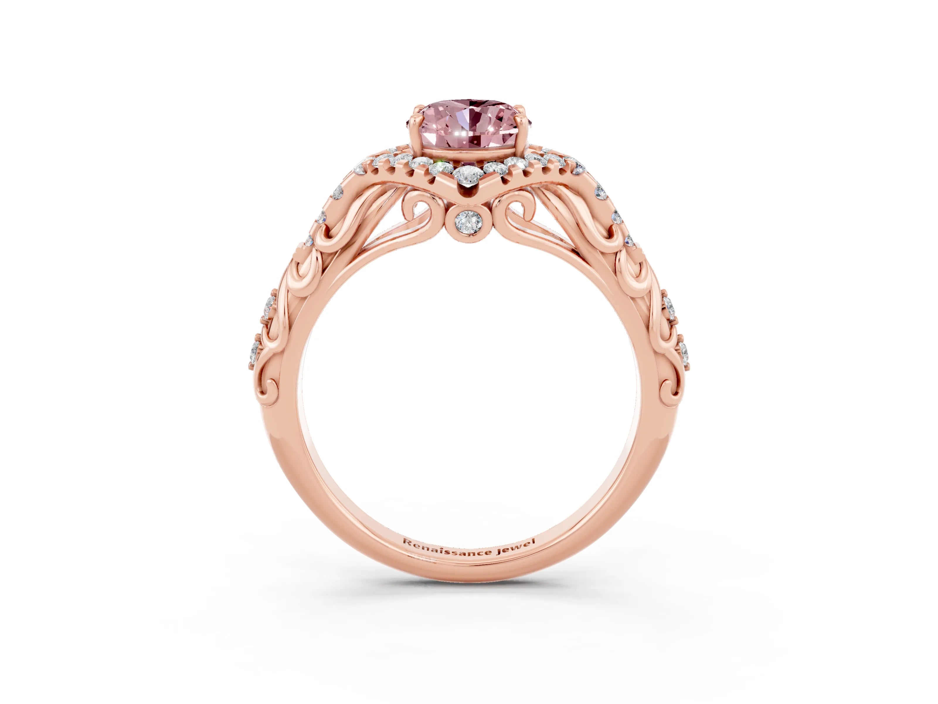 Rose gold Oval Cut Morganite Solitaire Ring with Hidden Halo and Pavé Band_13