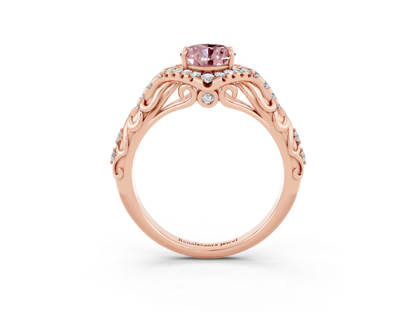 Rose gold Oval Cut Morganite Solitaire Ring with Hidden Halo and Pavé Band