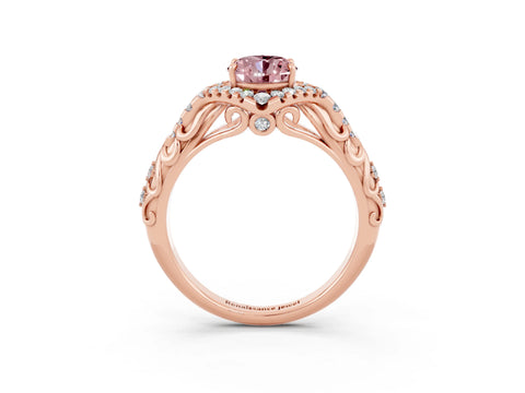 Rose gold Oval Cut Morganite Solitaire Ring with Hidden Halo and Pavé Band_13