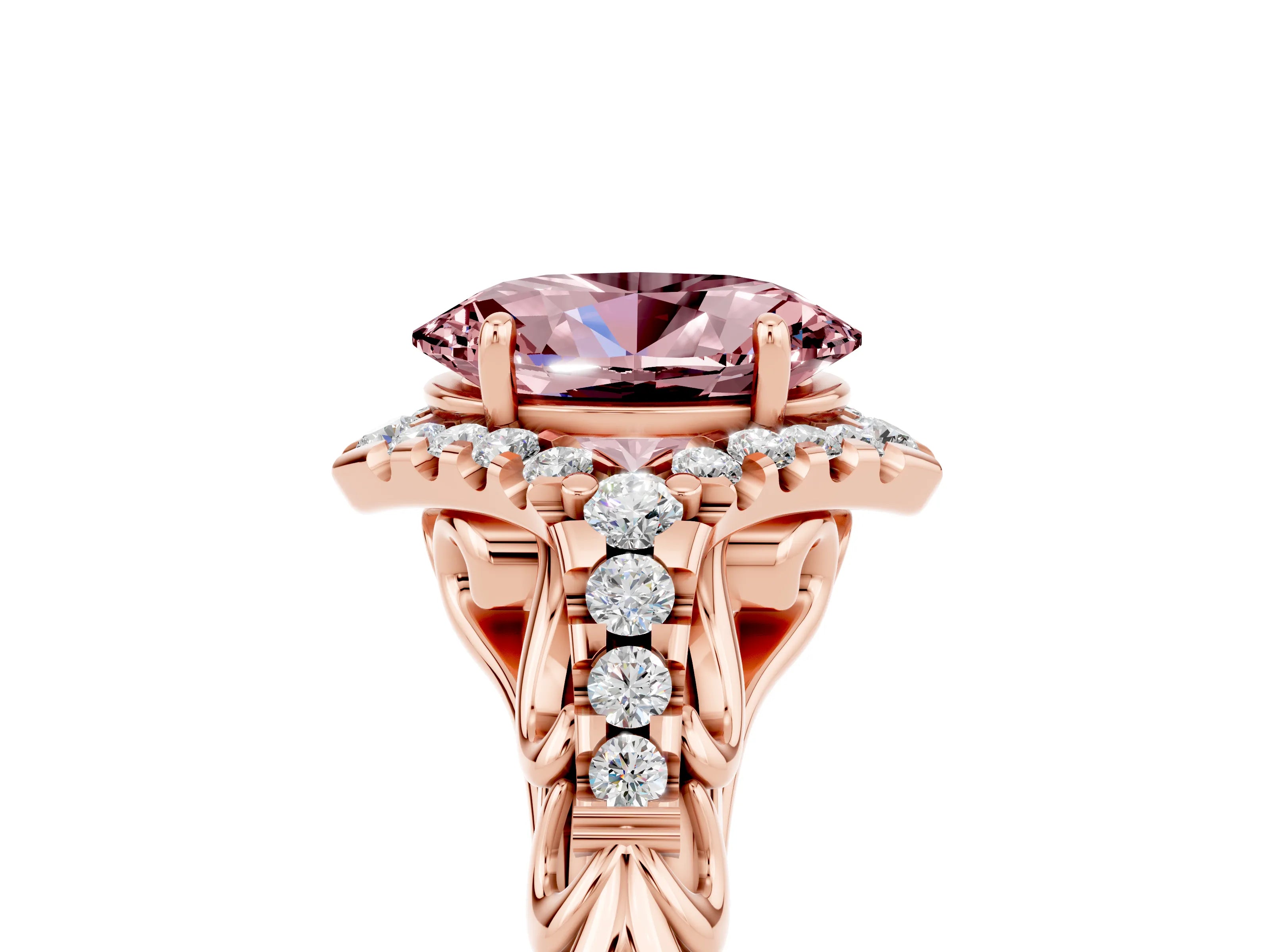 Rose gold Oval Cut Morganite Solitaire Ring with Hidden Halo and Pavé Band_15