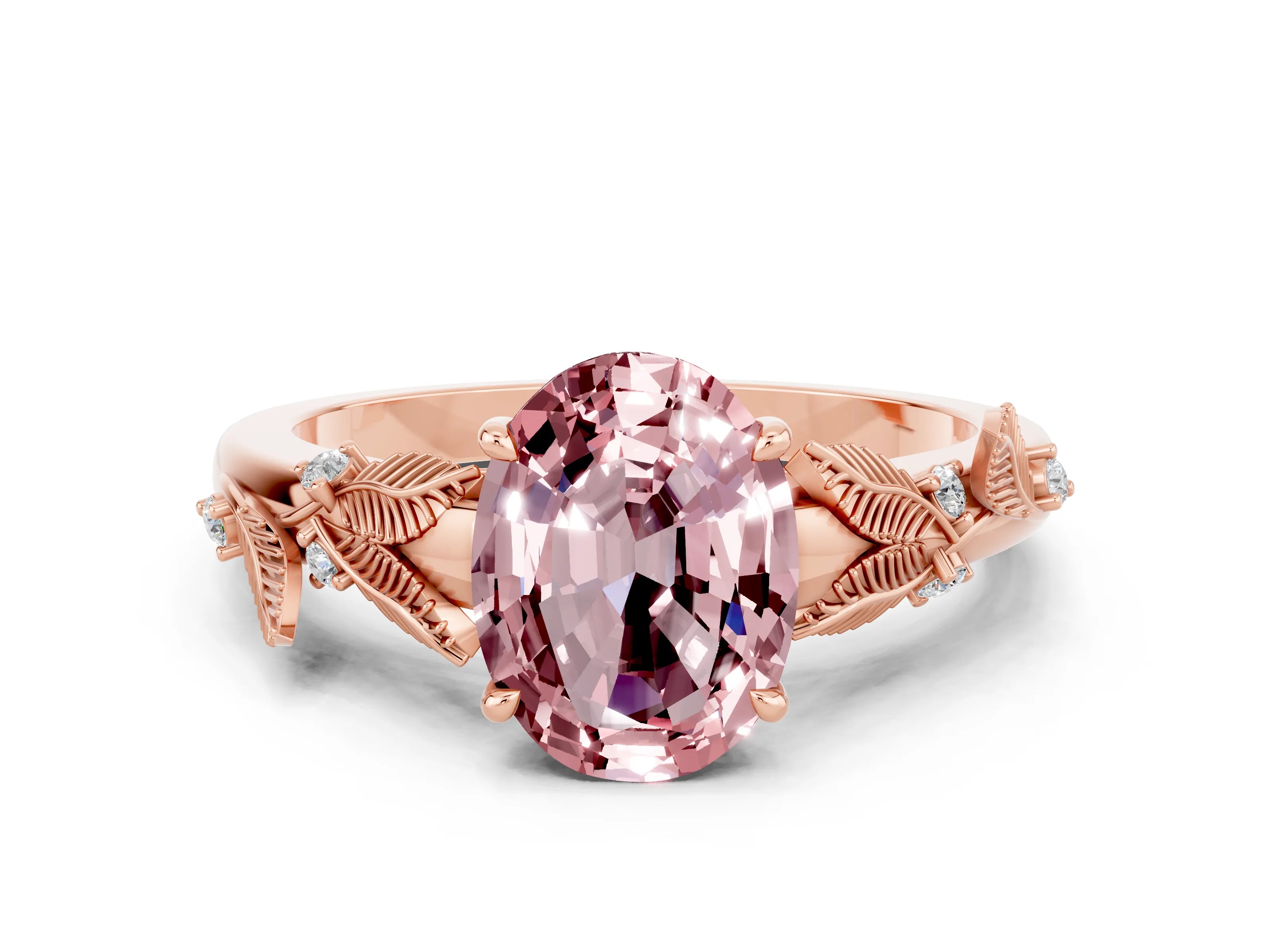 Rose gold Oval Cut Morganite Solitaire Ring with Leaf Motif Band and Four-Prong Setting