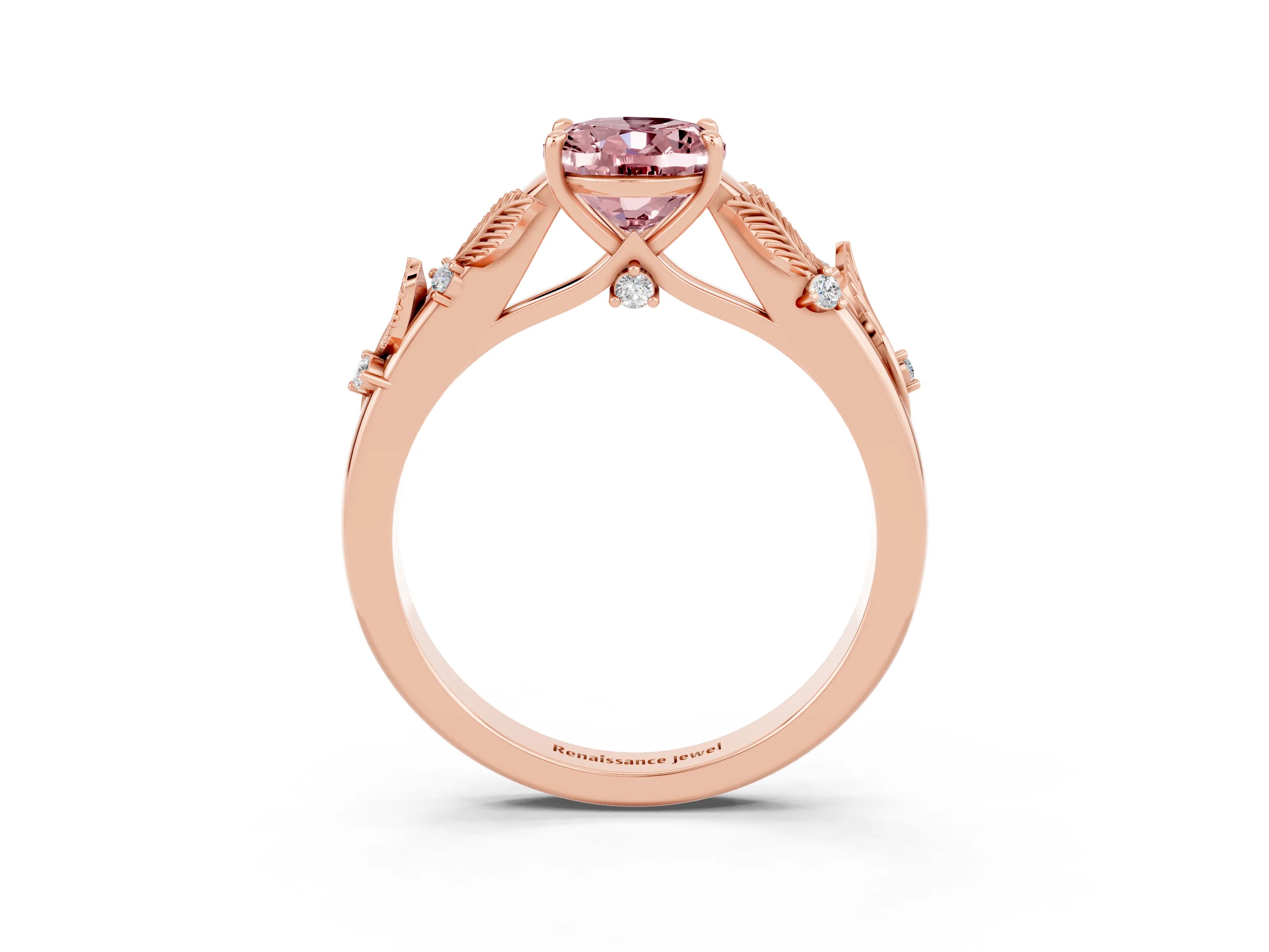 Rose gold Oval Cut Morganite Solitaire Ring with Leaf Motif Band and Four-Prong Setting_3