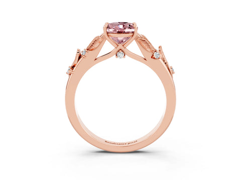 Rose gold Oval Cut Morganite Solitaire Ring with Leaf Motif Band and Four-Prong Setting_3