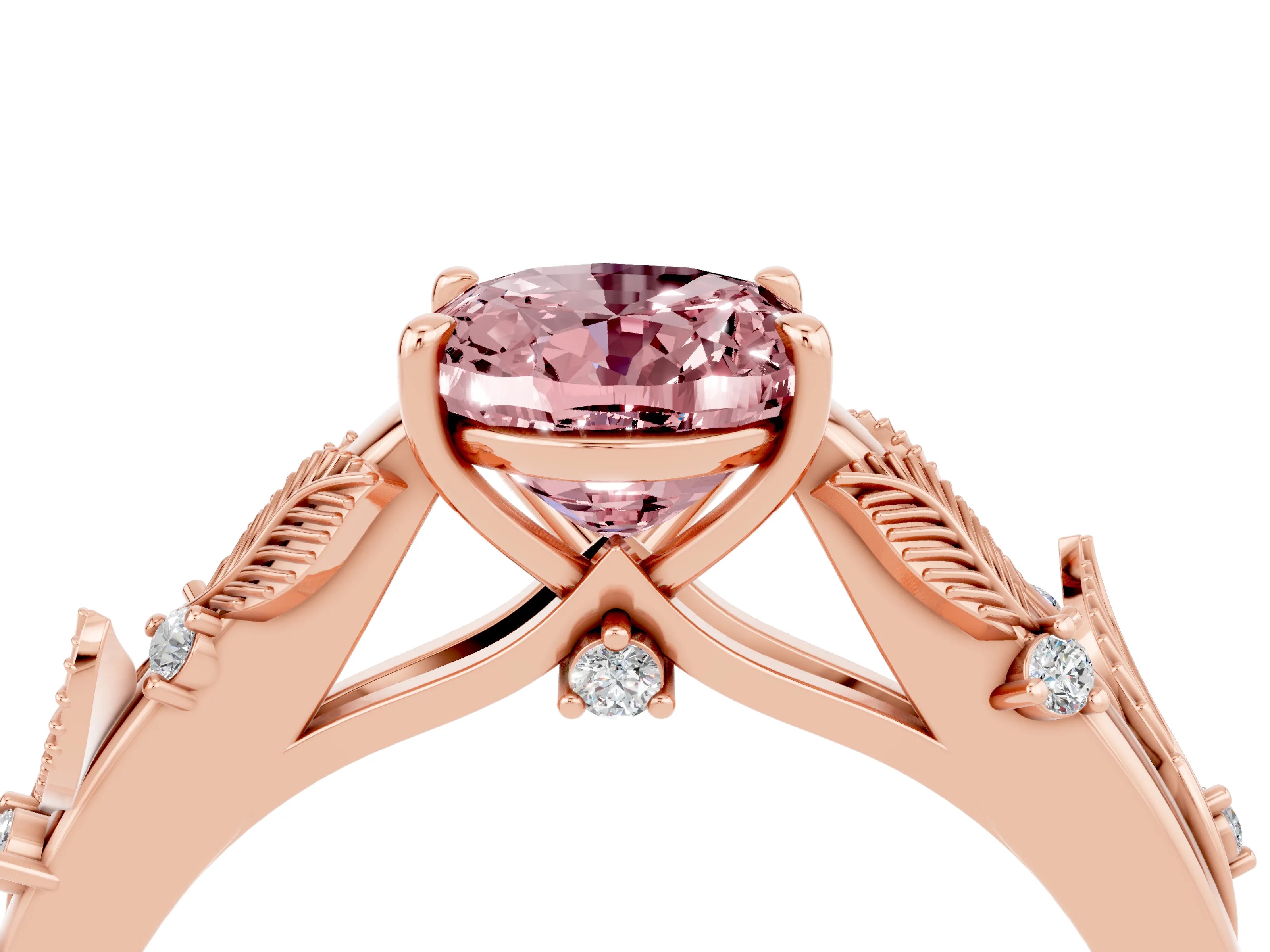 Rose gold Oval Cut Morganite Solitaire Ring with Leaf Motif Band and Four-Prong Setting_4