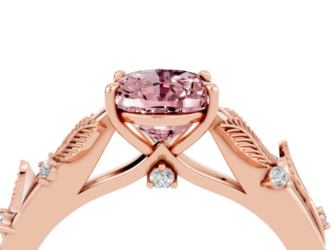 Rose gold Oval Cut Morganite Solitaire Ring with Leaf Motif Band and Four-Prong Setting_4