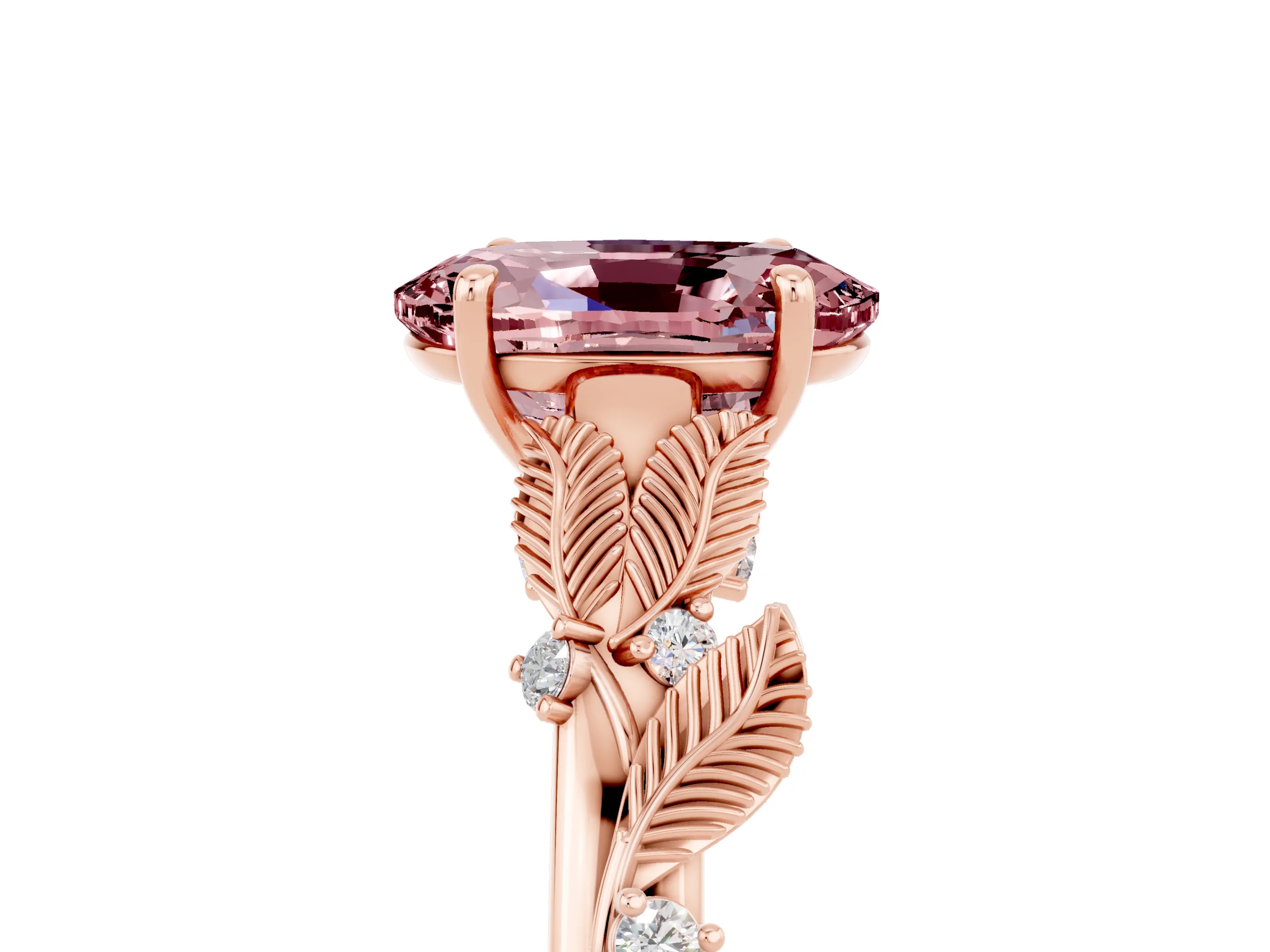 Rose gold Oval Cut Morganite Solitaire Ring with Leaf Motif Band and Four-Prong Setting_5