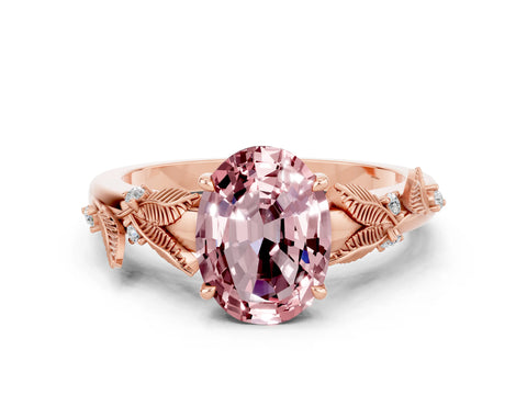 Rose gold Oval Cut Morganite Solitaire Ring with Leaf Motif Band and Four-Prong Setting