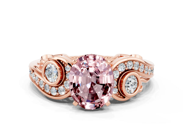 Rose gold Oval Cut Morganite Solitaire Ring with Milgrain Pavé Band and Four-Prong Setting