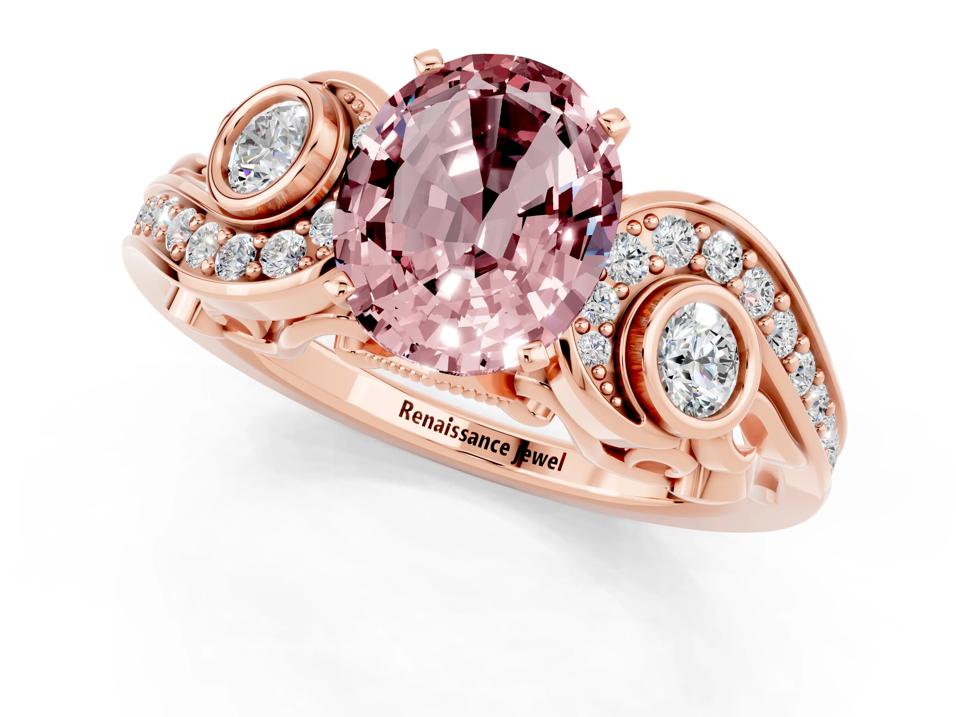 Rose gold Oval Cut Morganite Solitaire Ring with Milgrain Pavé Band and Four-Prong Setting_25