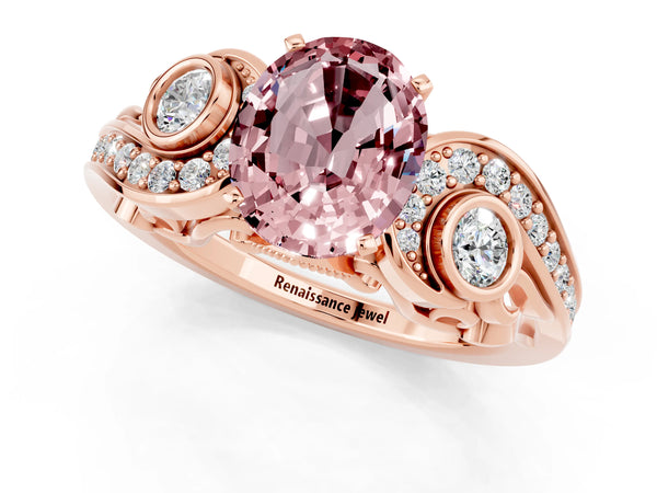 Rose gold Oval Cut Morganite Solitaire Ring with Milgrain Pavé Band and Four-Prong Setting