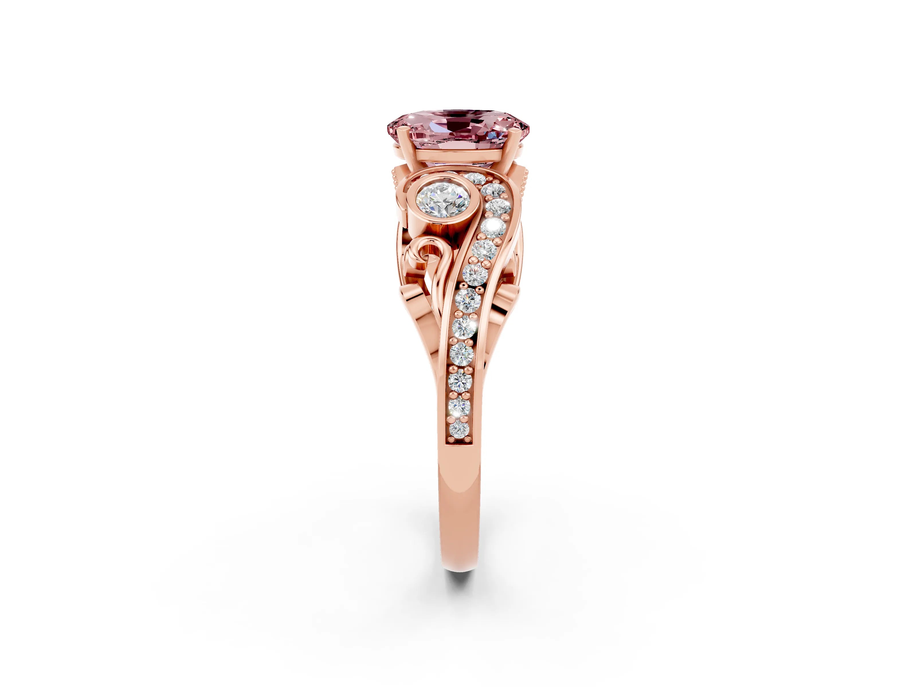 Rose gold Oval Cut Morganite Solitaire Ring with Milgrain Pavé Band and Four-Prong Setting_26