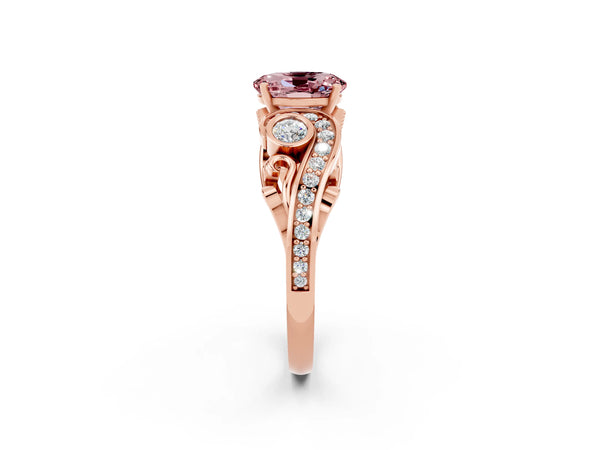 Rose gold Oval Cut Morganite Solitaire Ring with Milgrain Pavé Band and Four-Prong Setting