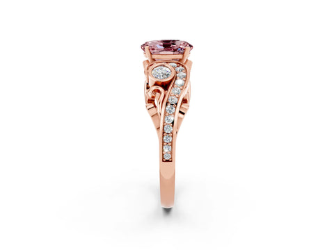 Rose gold Oval Cut Morganite Solitaire Ring with Milgrain Pavé Band and Four-Prong Setting_26