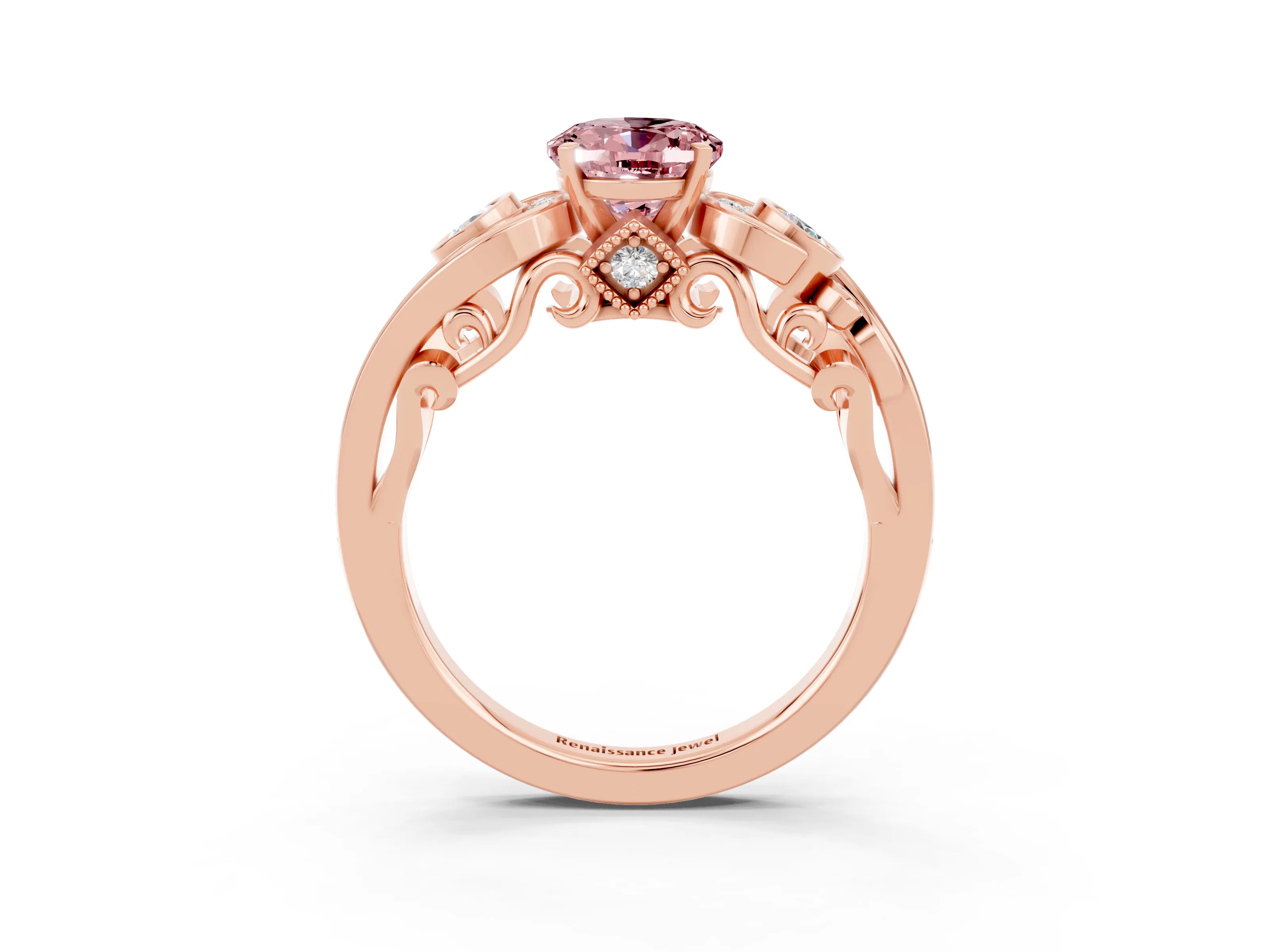 Rose gold Oval Cut Morganite Solitaire Ring with Milgrain Pavé Band and Four-Prong Setting_27