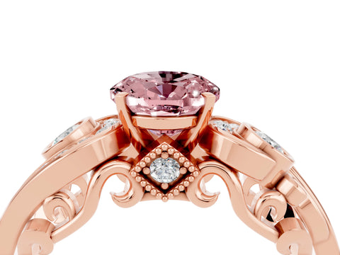 Rose gold Oval Cut Morganite Solitaire Ring with Milgrain Pavé Band and Four-Prong Setting_28