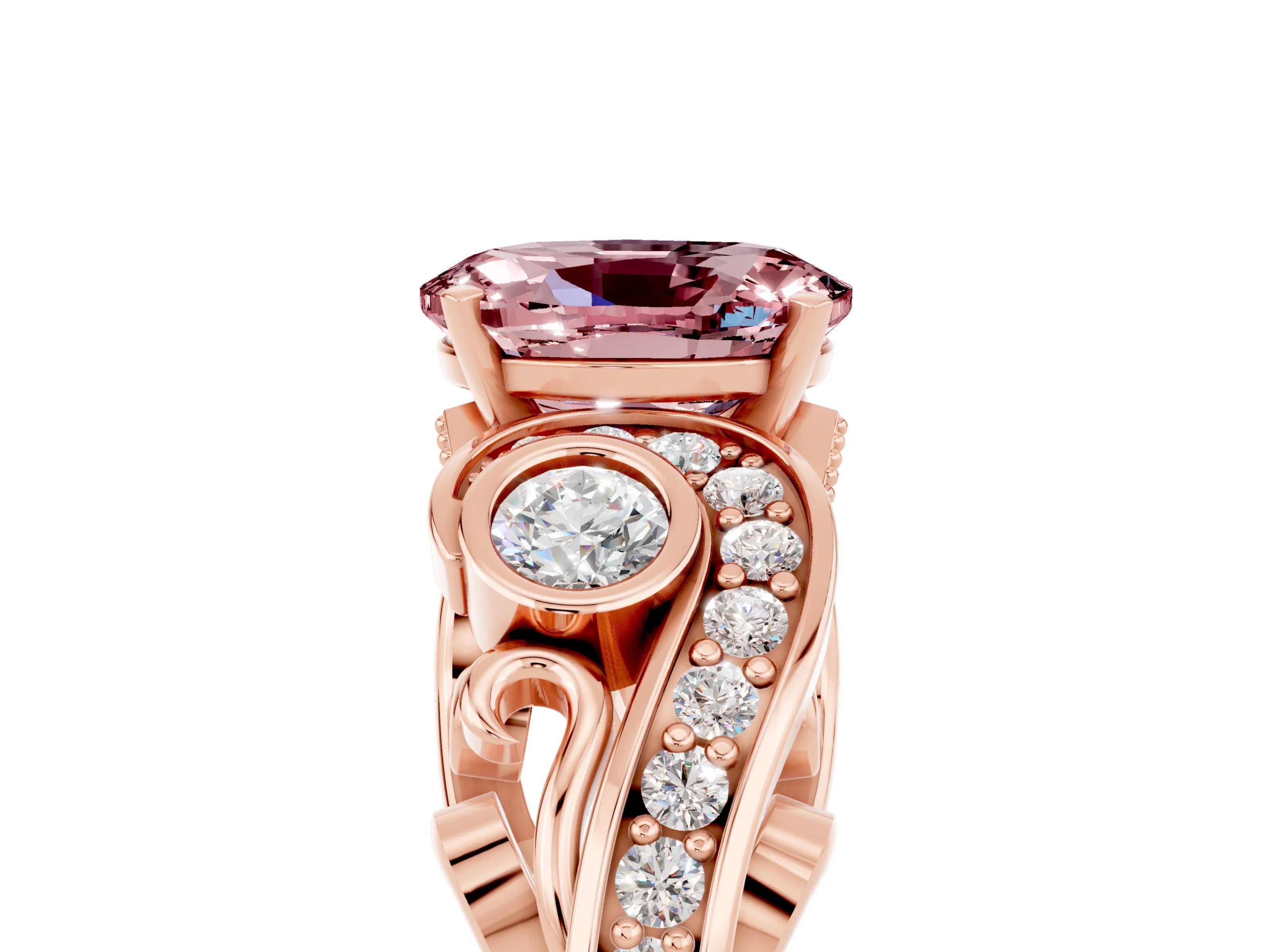 Rose gold Oval Cut Morganite Solitaire Ring with Milgrain Pavé Band and Four-Prong Setting_29