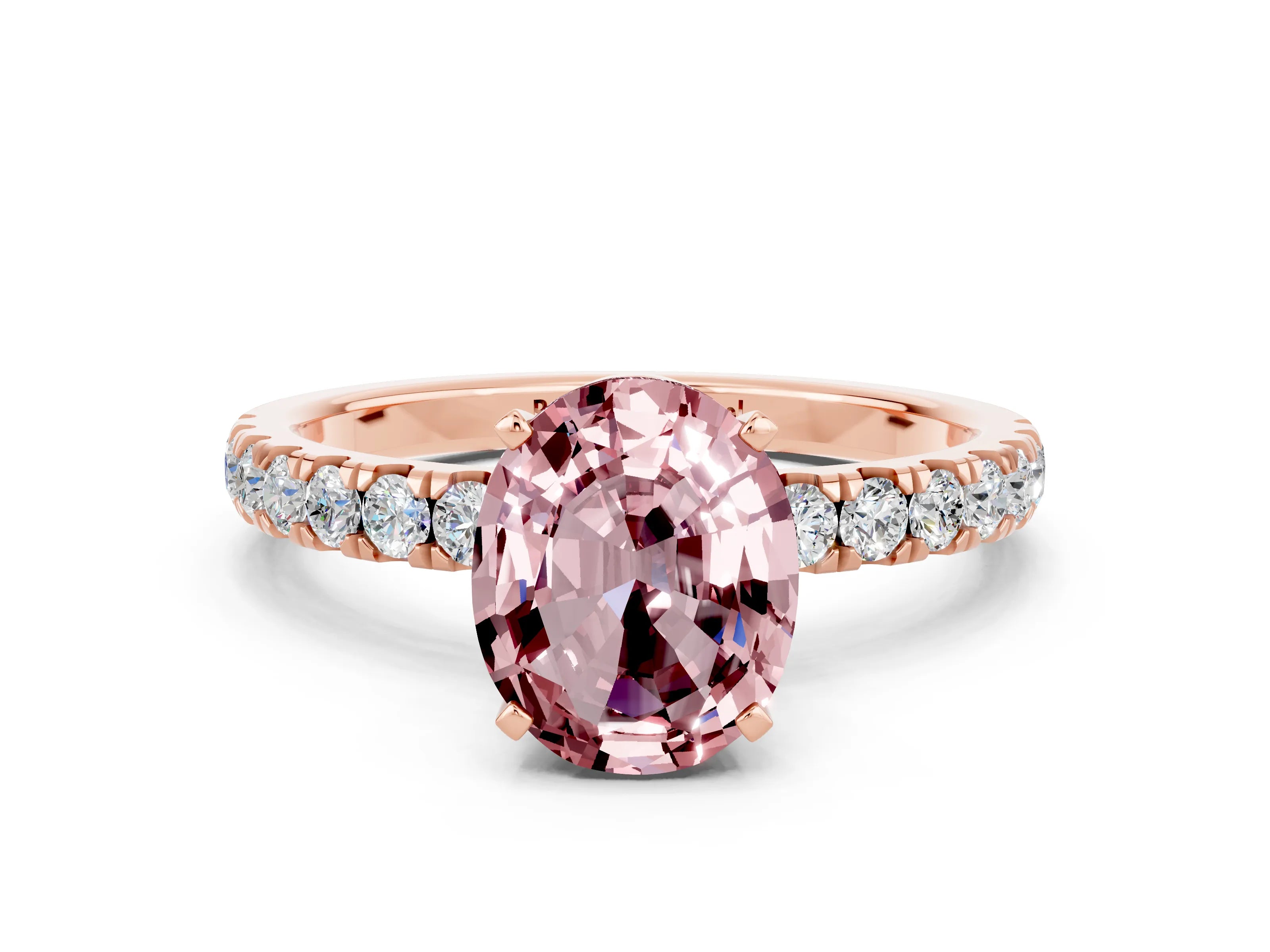 Rose gold Oval Cut Morganite Solitaire Ring with Pavé Accents and Four-Prong Setting