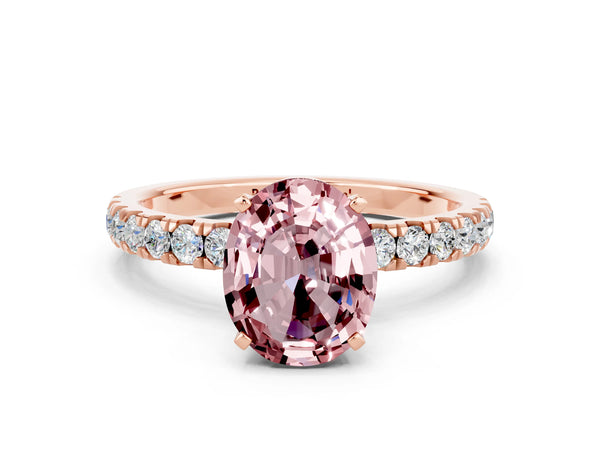 Rose gold Oval Cut Morganite Solitaire Ring with Pavé Accents and Four-Prong Setting