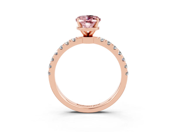Rose gold Oval Cut Morganite Solitaire Ring with Pavé Accents and Four-Prong Setting