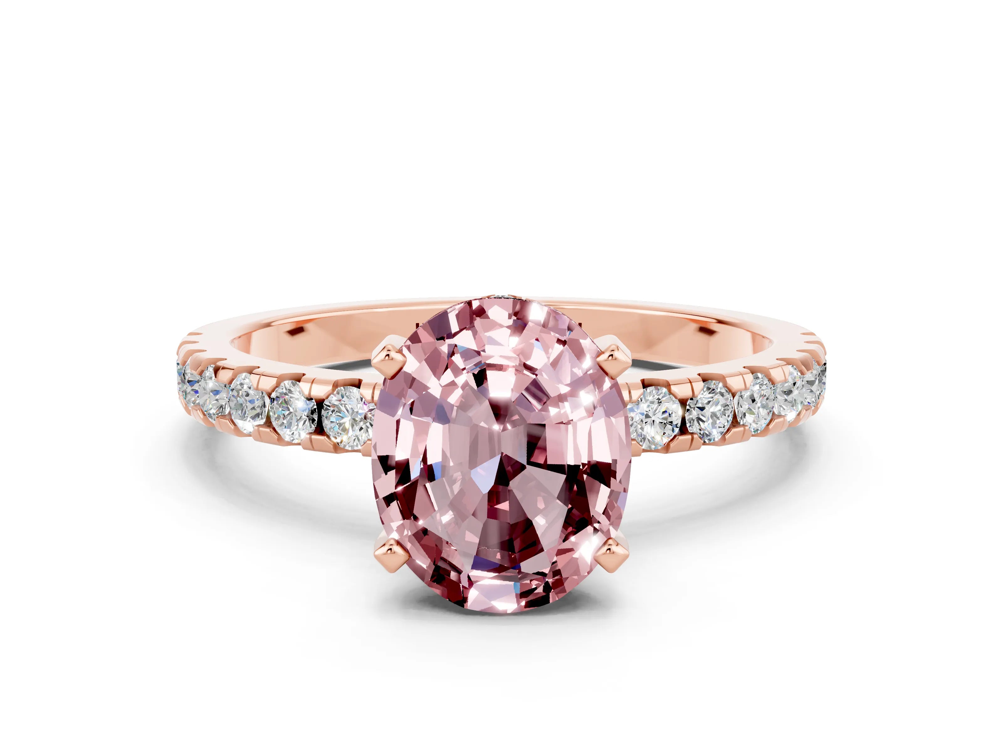 Rose gold Oval Cut Morganite Solitaire Ring with Pavé Band and Four-Prong Setting_24