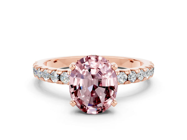 Rose gold Oval Cut Morganite Solitaire Ring with Round  Pavé Band and Four-Prong Setting