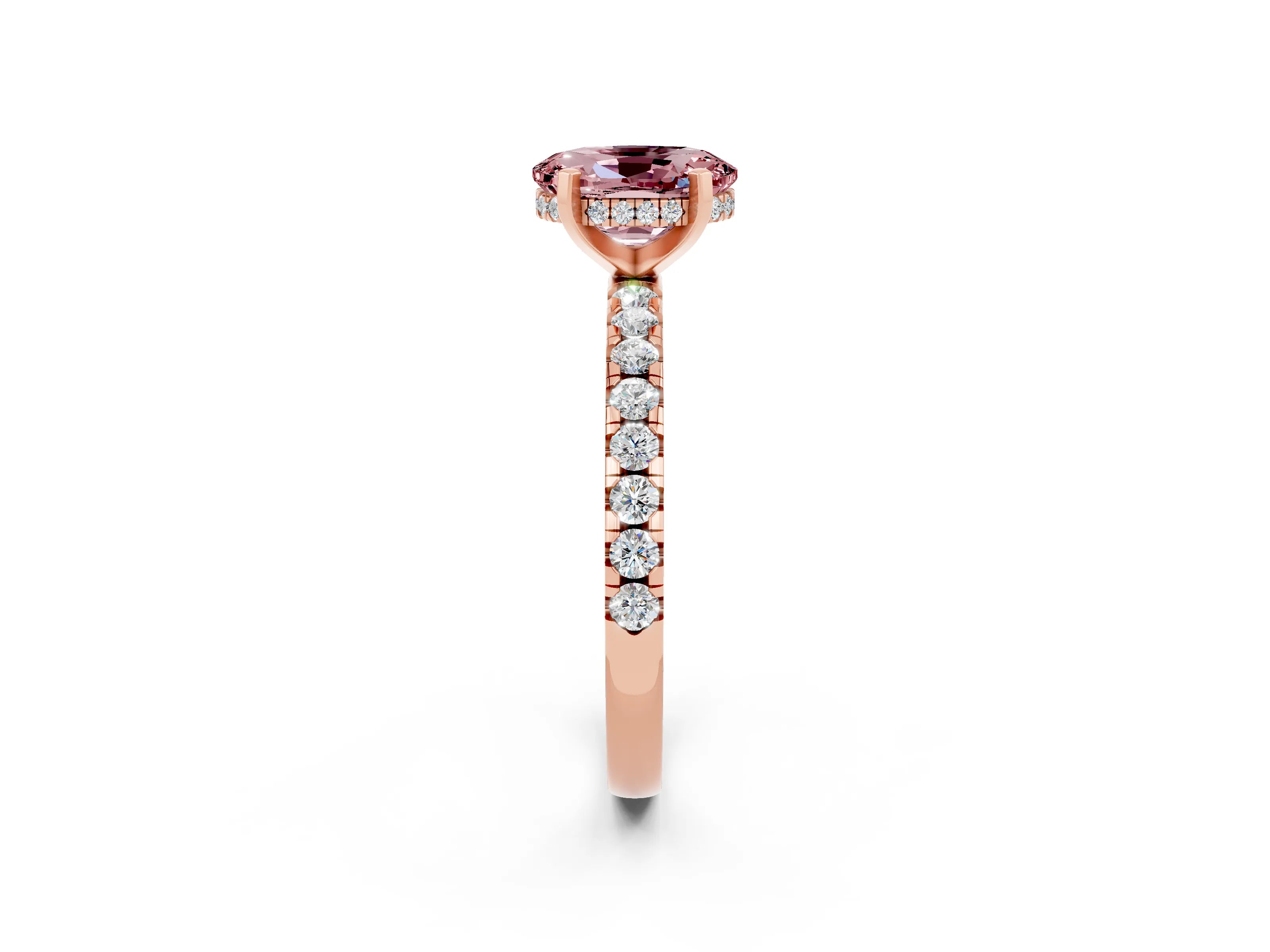 Rose gold Oval Cut Morganite Solitaire Ring with Pavé Band and Four-Prong Setting_26