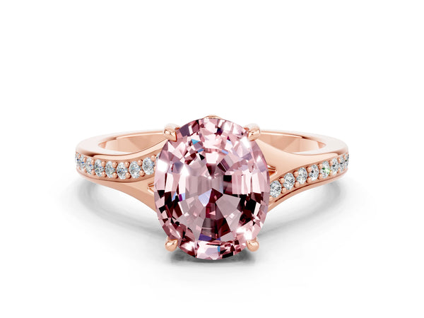 Rose gold Oval Cut Morganite Solitaire Ring with Pavé Band and Prong Setting